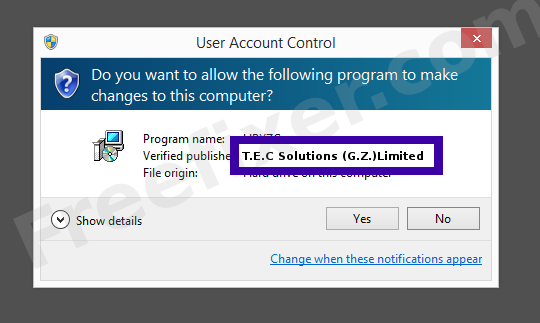 Screenshot where T.E.C Solutions (G.Z.)Limited appears as the verified publisher in the UAC dialog